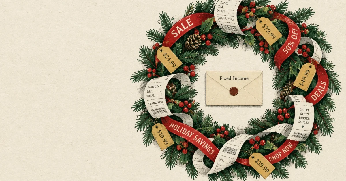 A holiday wreath decorated with receipts, price tags, and red sale ribbons surrounding an envelope labeled Fixed Income.