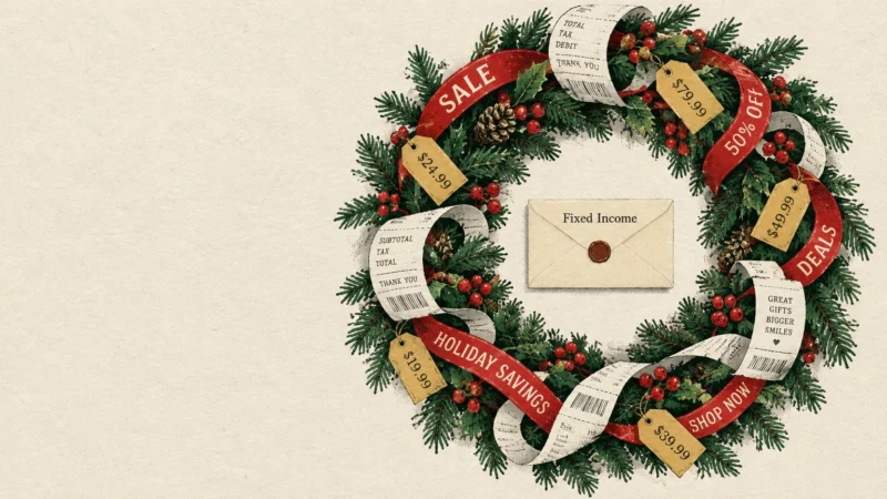 A holiday wreath decorated with receipts, price tags, and red sale ribbons surrounding an envelope labeled Fixed Income.