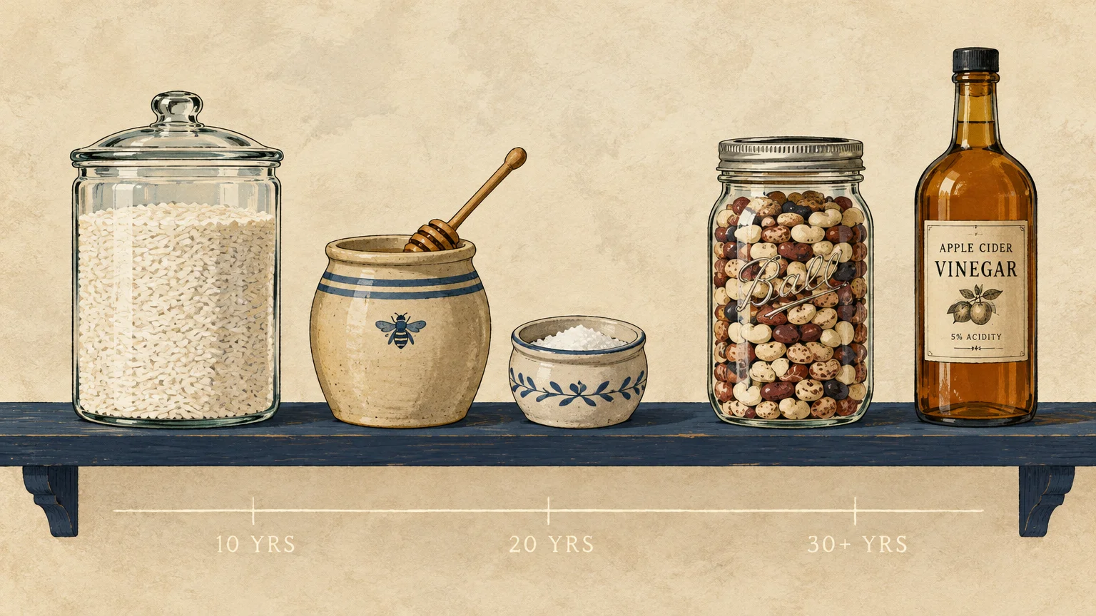 Illustration of jars of rice, honey, salt, beans, and vinegar on a shelf above a shelf-life timeline.
