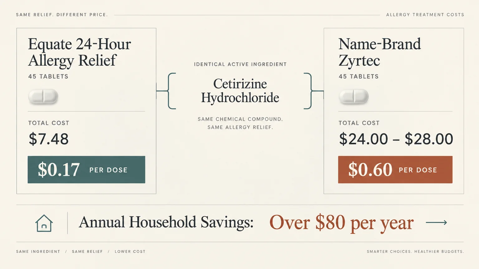 Price comparison graphic contrasting Equate allergy relief at $0.17 per dose against name-brand Zyrtec at $0.60 per dose.