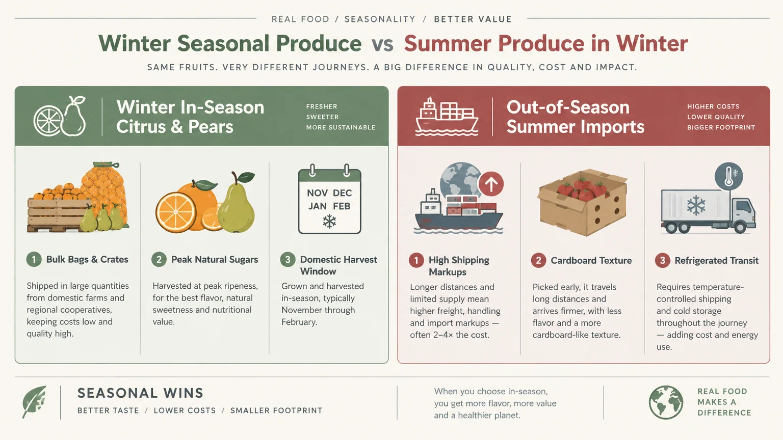 Infographic comparing winter in-season citrus and pears against out-of-season summer imports across shipping, taste, and cost.