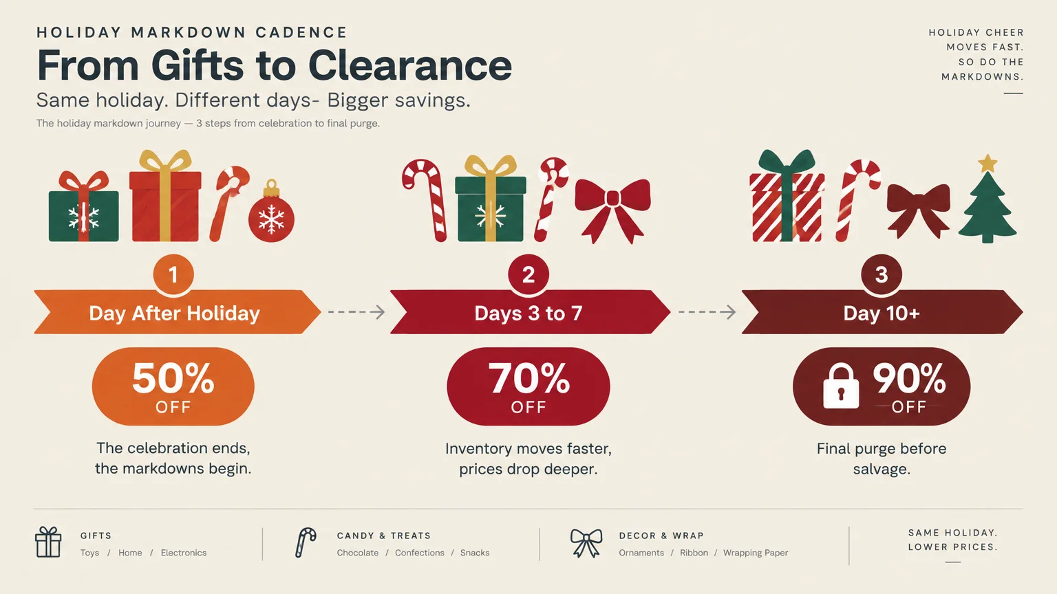 Three-step infographic showing holiday clearance progressing from 50% off to 70% off and finally 90% off.