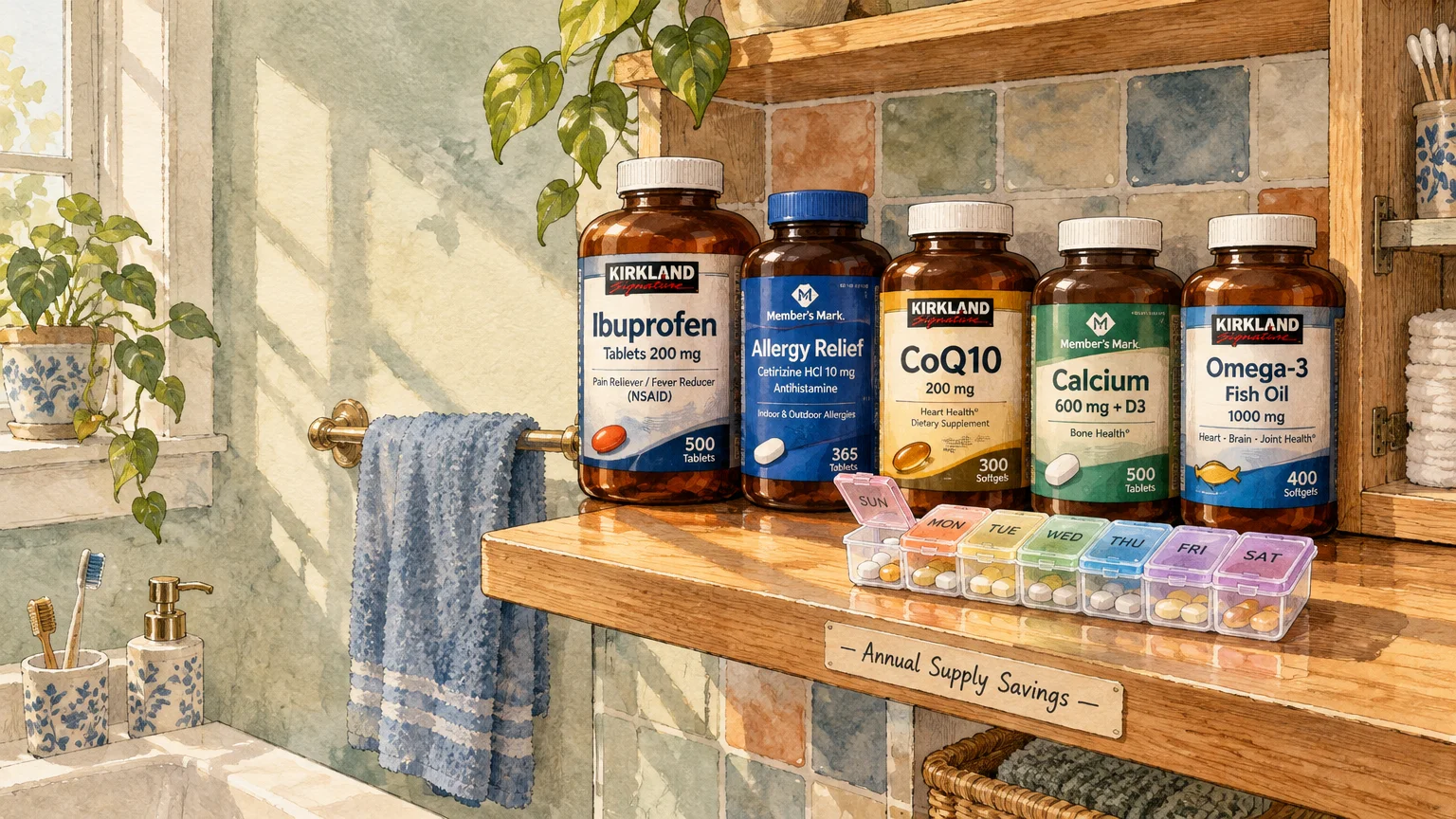 Large bottles of Kirkland and Member's Mark vitamins and medicine on a wooden shelf next to a weekly pill organizer.