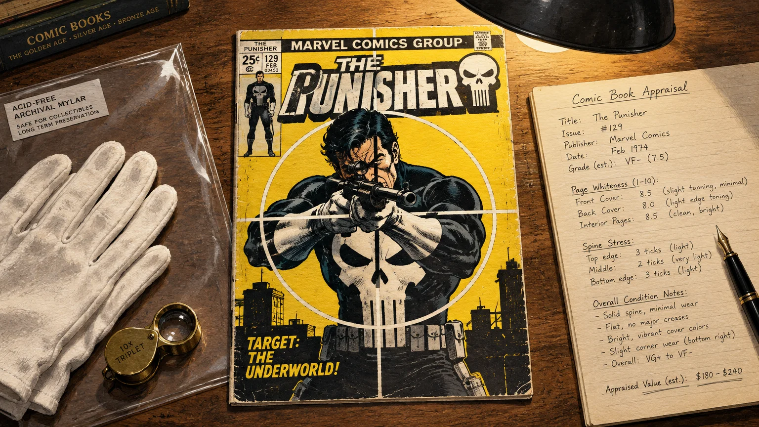 Comic book issue #129 on a wooden desk next to appraisal notes, a magnifying loupe, and white handling gloves.