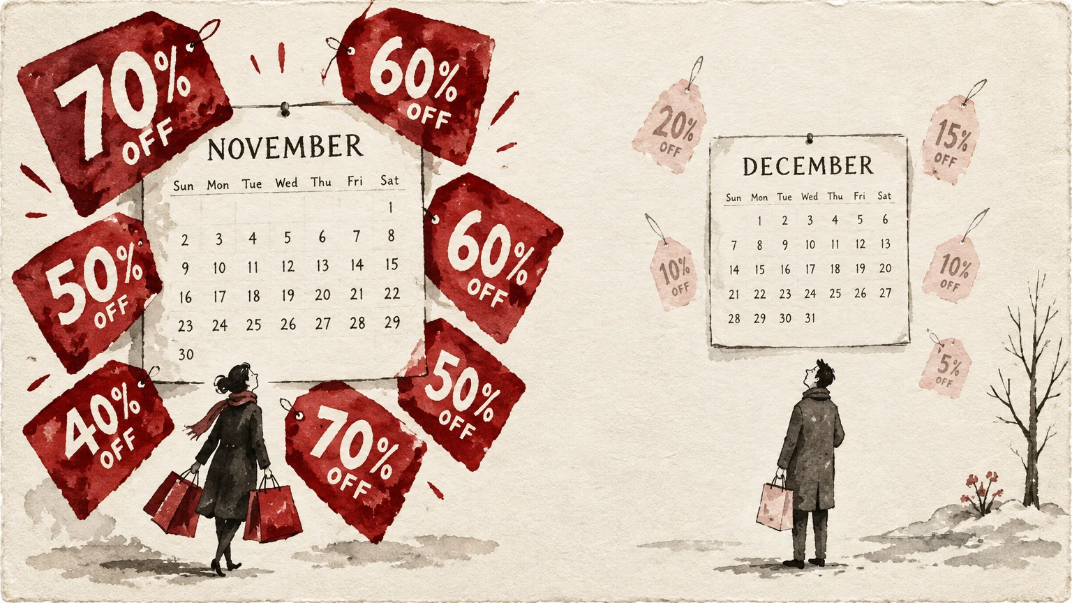 Watercolor illustration contrasting a November calendar surrounded by large discount tags against a December one with smaller tags.
