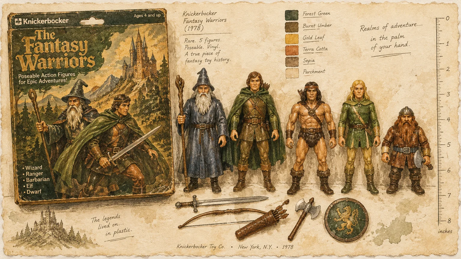 Illustration of vintage fantasy action figures with weapons and packaging labeled Knickerbocker The Fantasy Warriors.