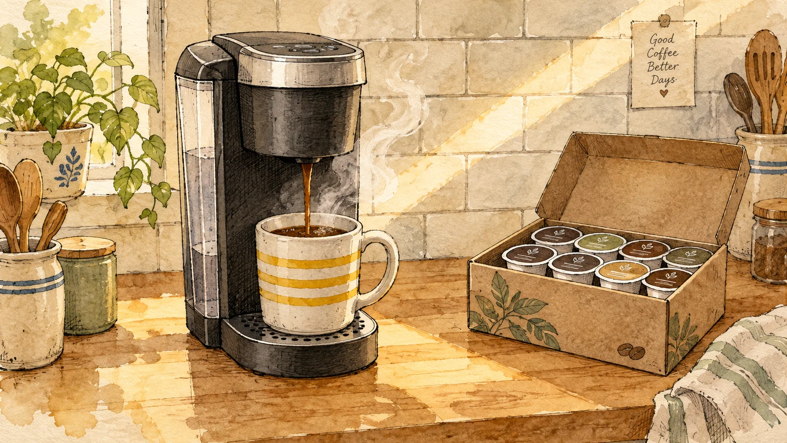 Watercolor illustration of a single-serve coffee maker brewing into a mug next to an open cardboard box of pods.
