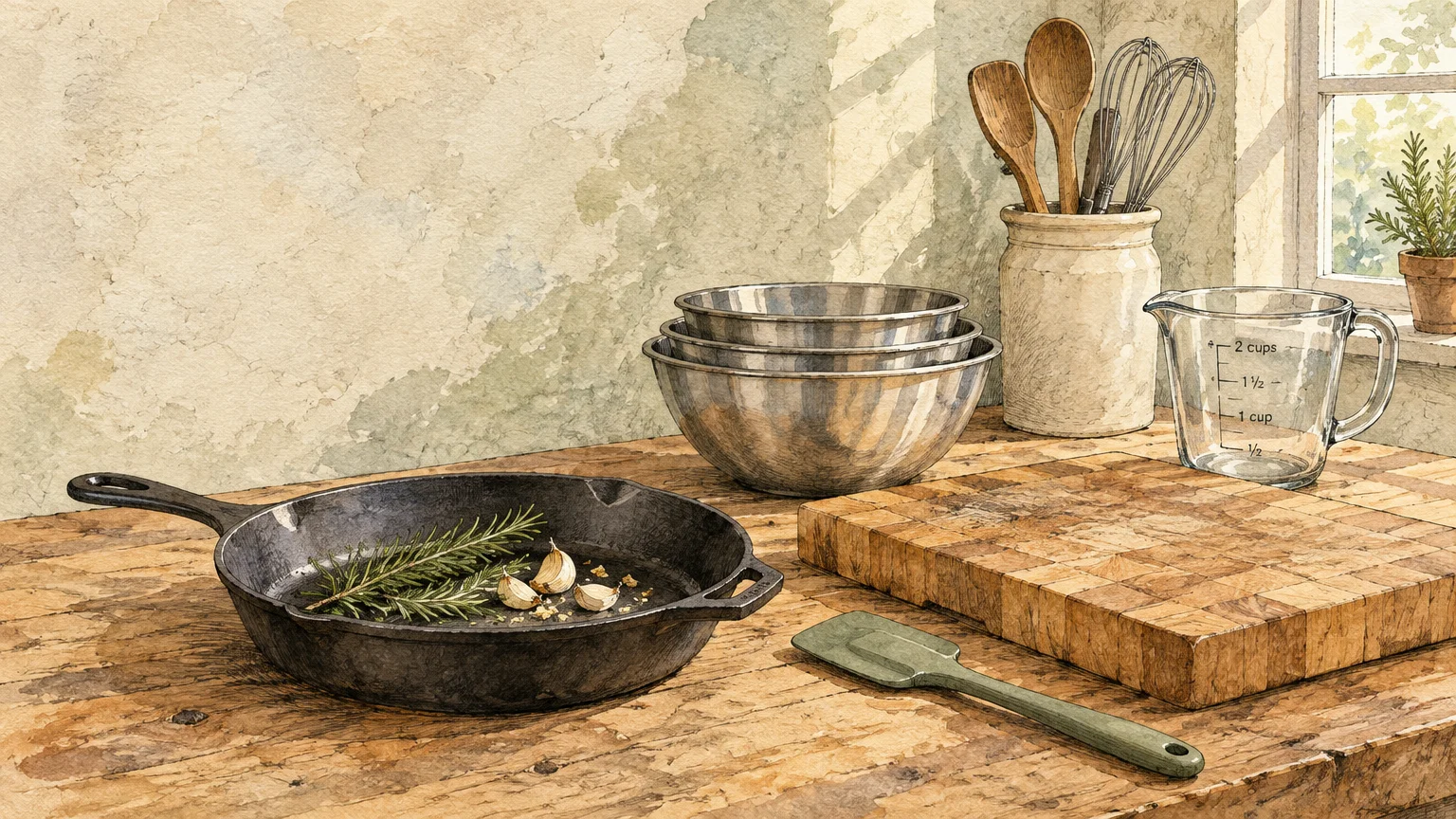 Watercolor illustration of a cast-iron skillet, metal mixing bowls, wooden cutting board, measuring cup, and utensils.