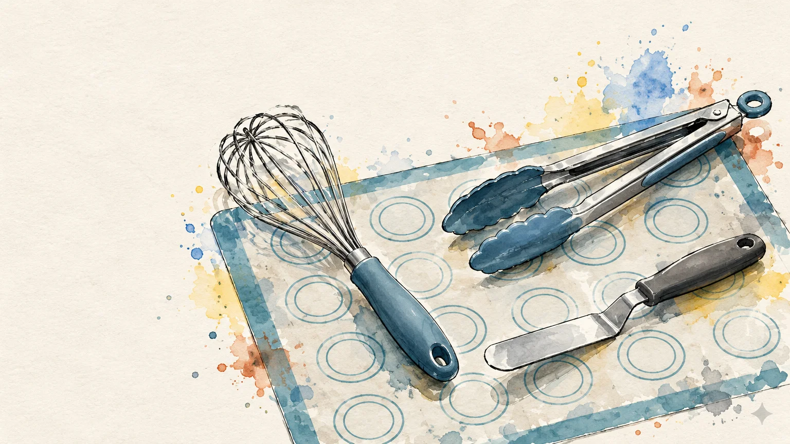 Watercolor illustration of a whisk, kitchen tongs, and an offset spatula lying on a silicone baking mat.