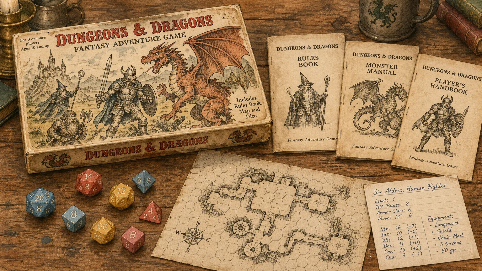 Dungeons & Dragons boxed set with rulebooks, polyhedral dice, a dungeon map, and a character sheet on a wooden table.