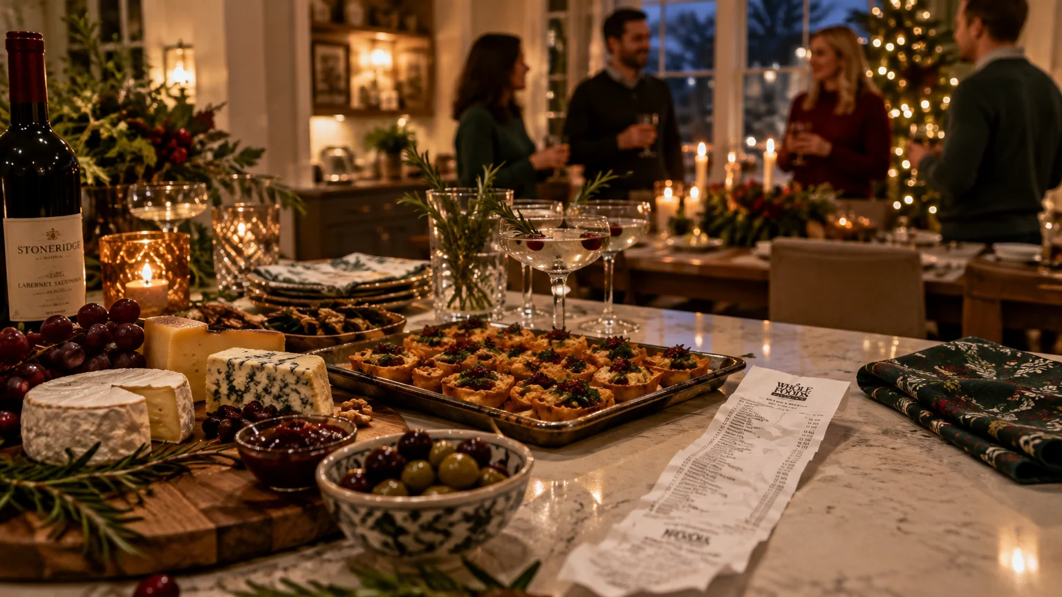 Holiday party appetizers, wine, cocktails, and a long grocery receipt on a counter with guests chatting behind.