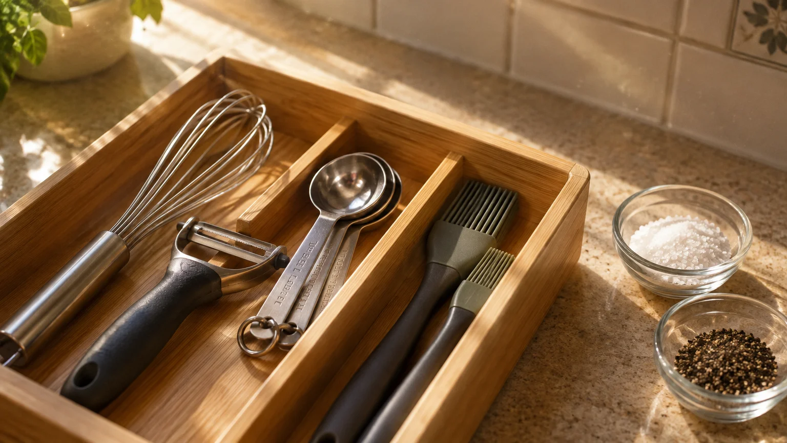 Wooden organizer holding a whisk, peeler, metal measuring spoons, and silicone brushes beside small bowls of salt and pepper.