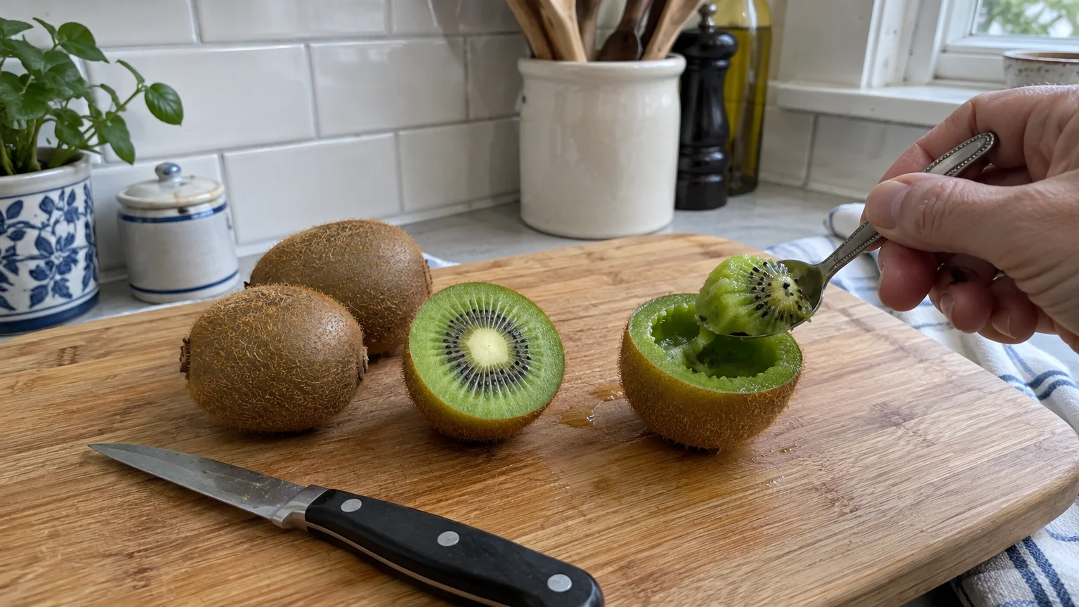 Whole and cut green kiwifruit on a wooden cutting board, with a hand scooping flesh using a spoon next to a paring knife.