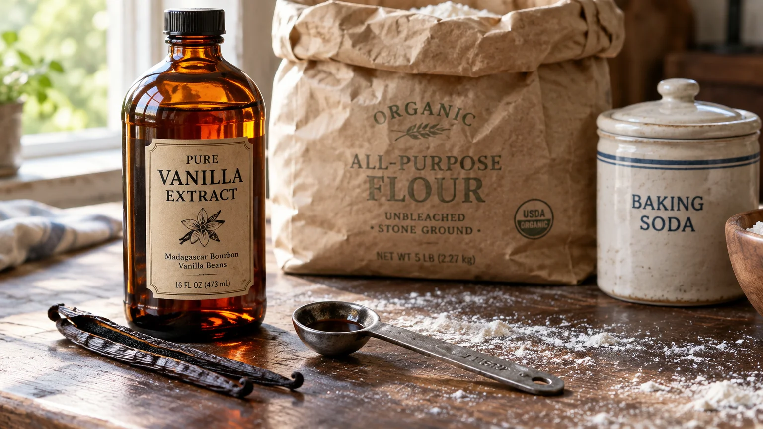 A 16-ounce bottle of pure vanilla extract, vanilla beans, a measuring spoon, flour, and baking soda on a wooden table.