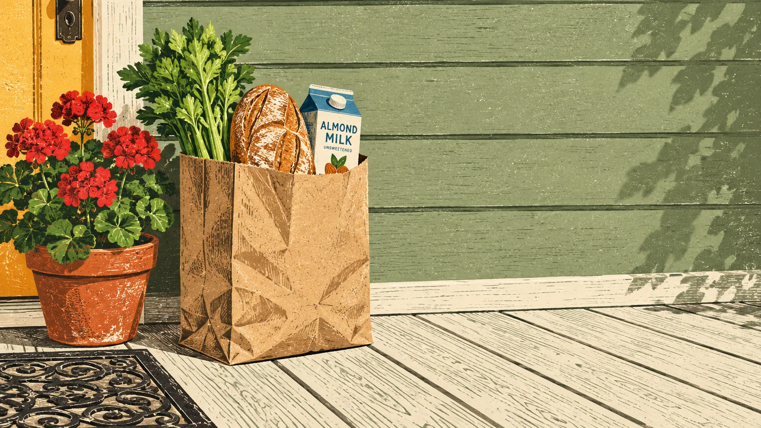 Illustration of a brown paper grocery bag filled with bread, greens, and almond milk on a front porch next to red flowers.