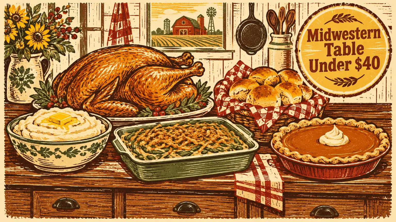 Illustration of roast turkey, mashed potatoes, green bean casserole, rolls, and pumpkin pie with a Midwestern Table seal.
