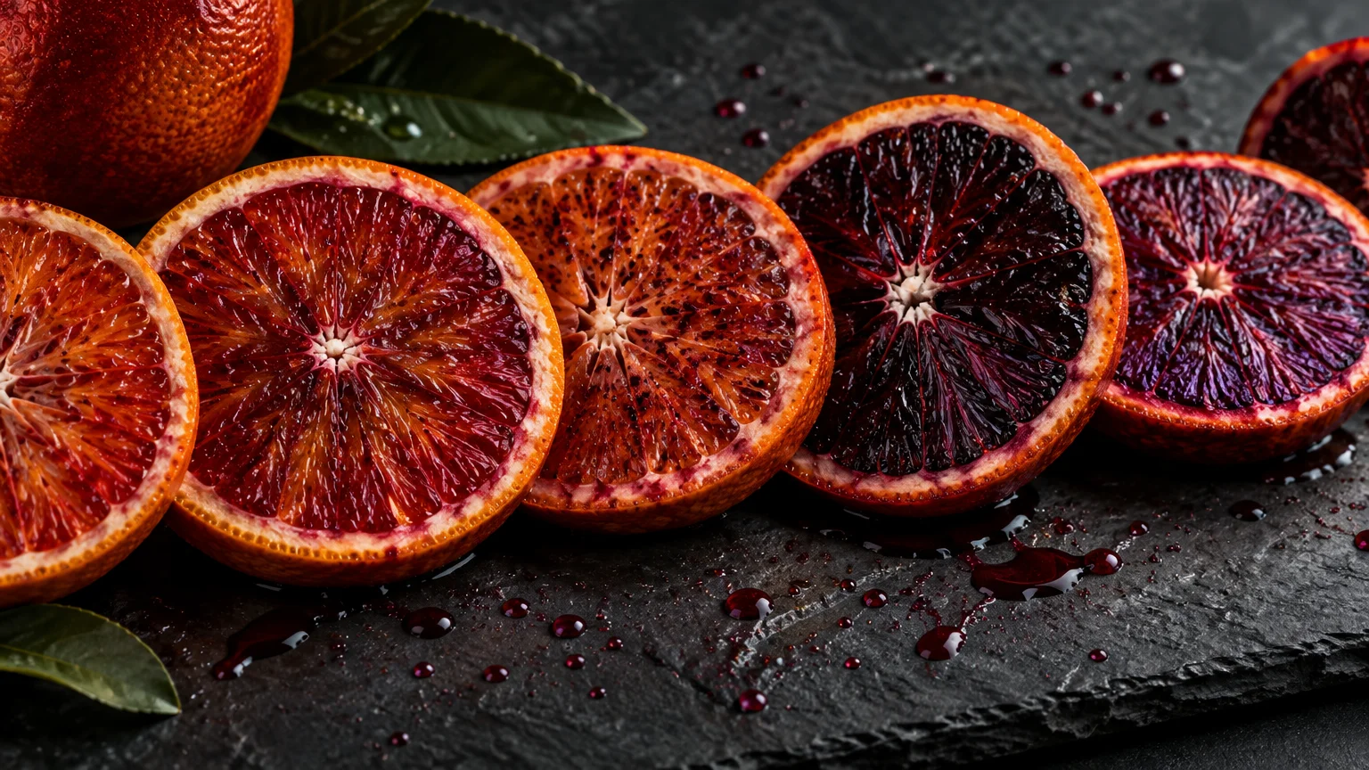 Slices of blood oranges showing red, crimson, and deep violet flesh arranged on a dark slate board.
