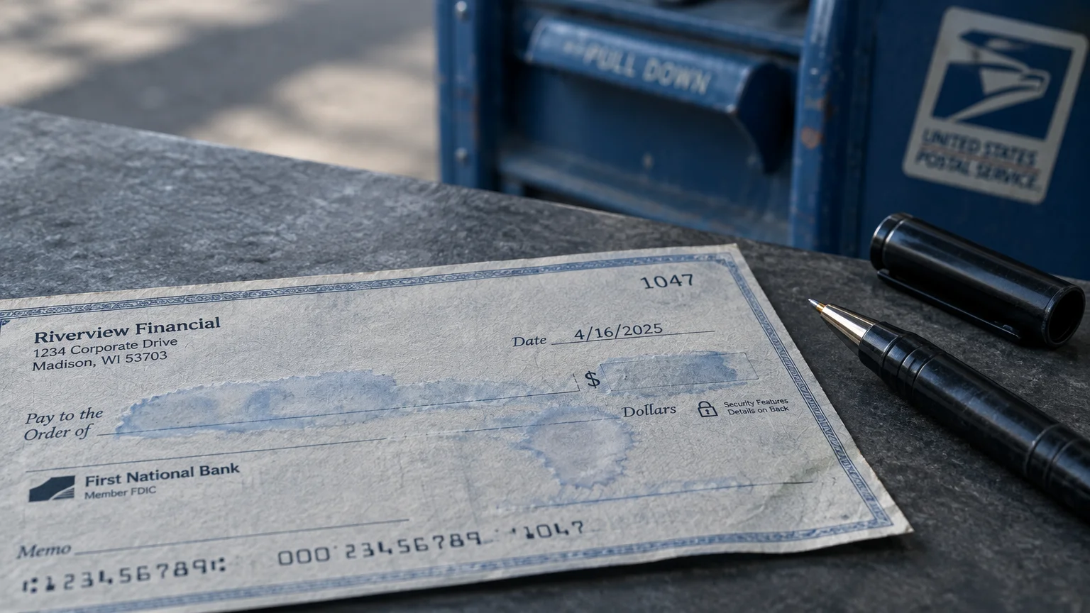 A washed paper check with erased ink rests beside an open pen in front of a blue USPS collection box.