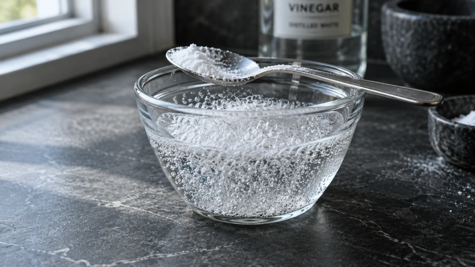 A spoon of baking soda resting over a clear glass bowl of fizzing liquid beside a bottle of vinegar.