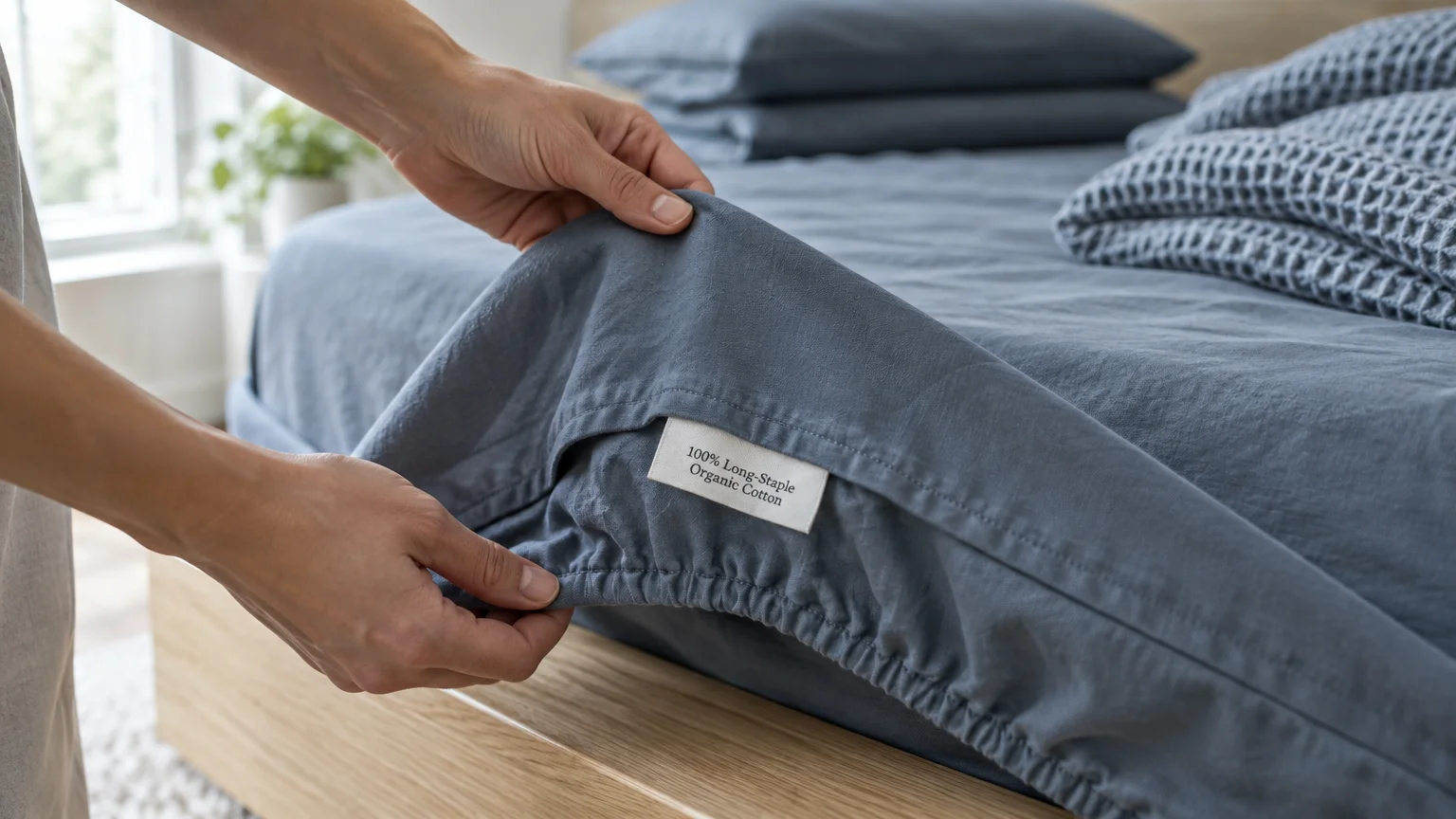 Hands lifting the corner of a blue fitted bedsheet to display a tag reading 100% Long-Staple Organic Cotton.