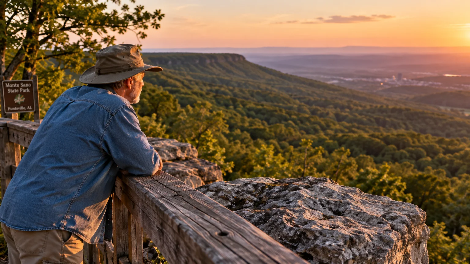 A man in a hat leans on a wooden railing overlooking forested mountains and a valley at Monte Sano State Park at sunset.