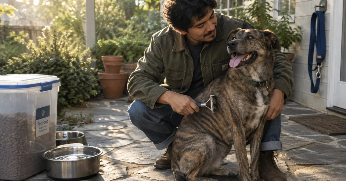 A man crouches on a stone patio brushing a brindle dog next to food containers and water bowls.
