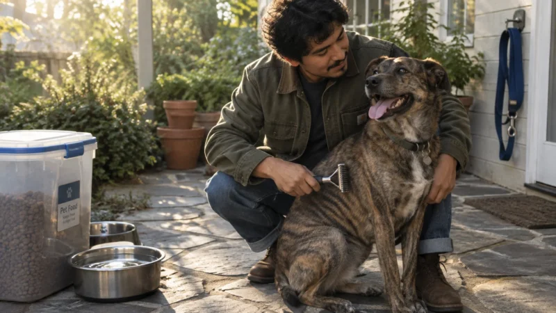 A man crouches on a stone patio brushing a brindle dog next to food containers and water bowls.