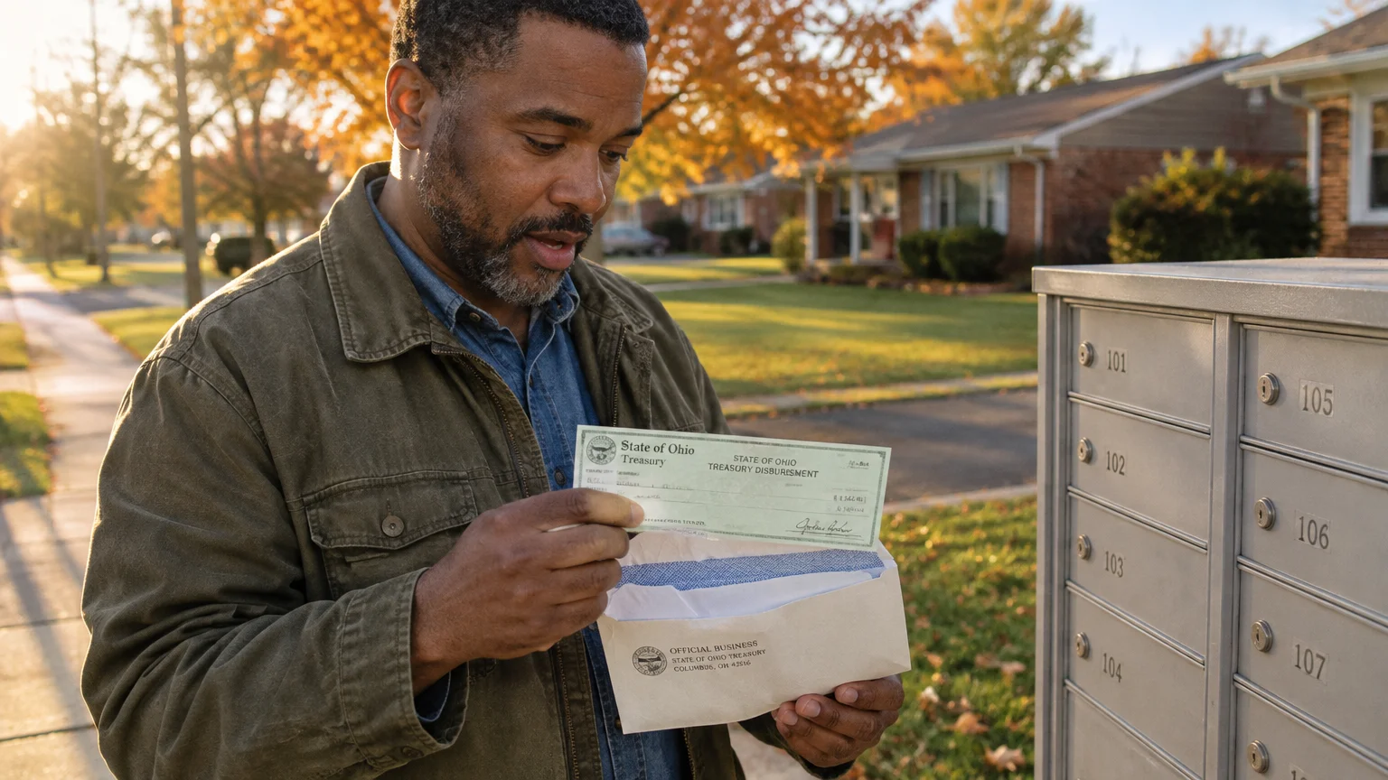 A man stands by a community mailbox holding an open envelope and a State of Ohio Treasury check.