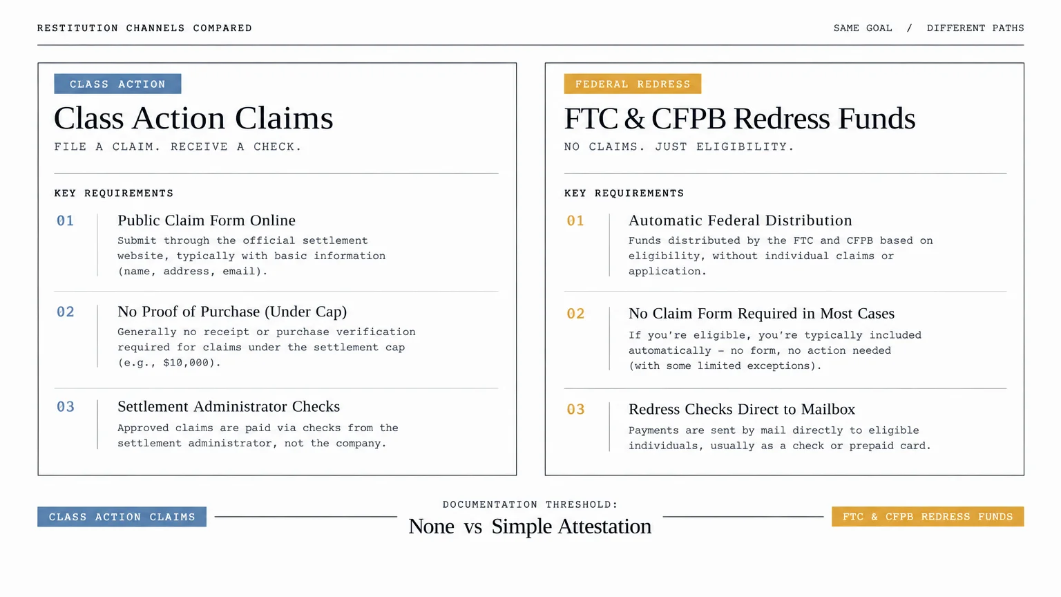 Diagram comparing class action claim requirements against automatic FTC and CFPB federal redress fund distributions.