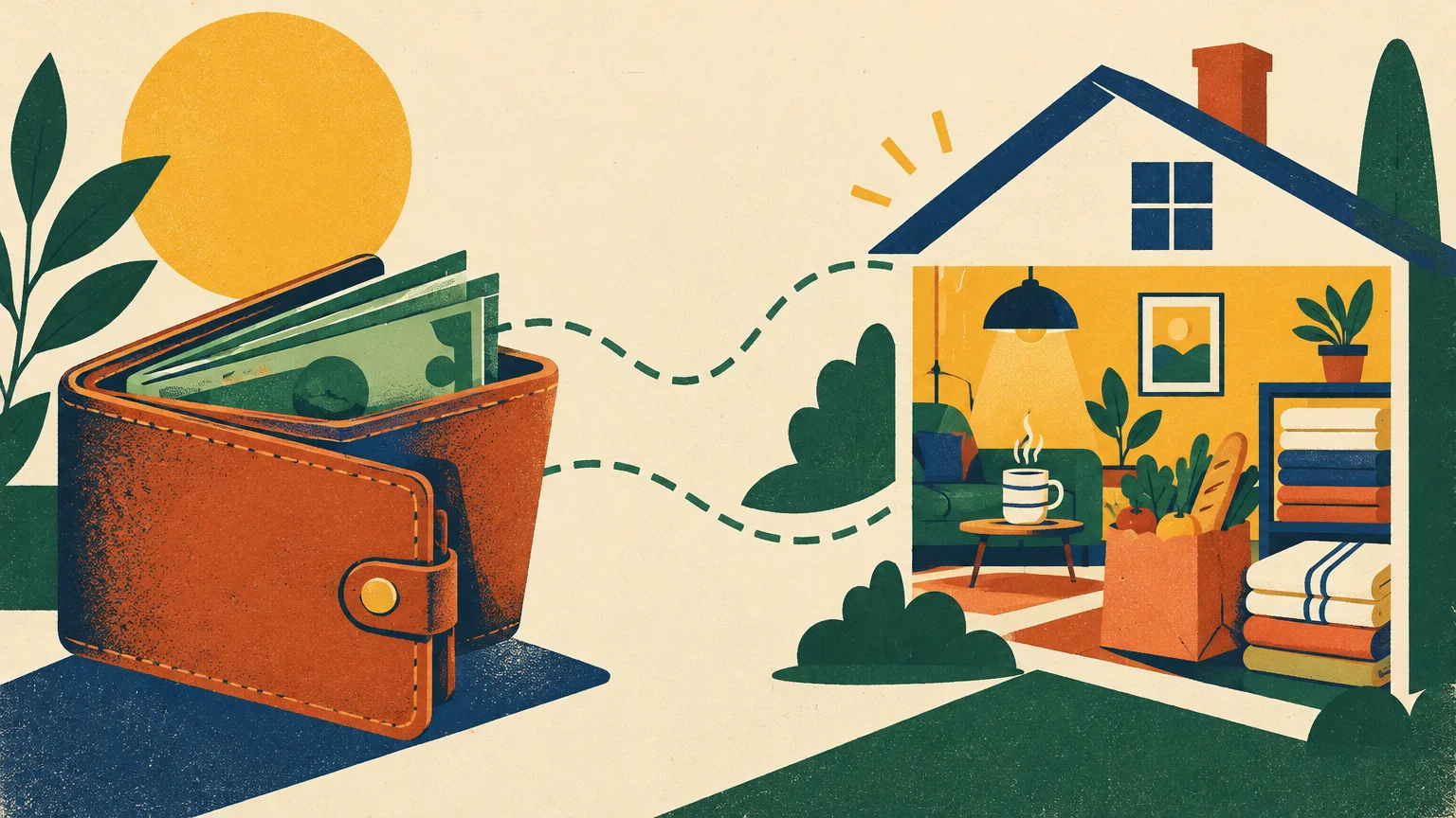 Illustration of an open wallet with cash connected by dashed lines to a cozy home interior with groceries and folded towels.