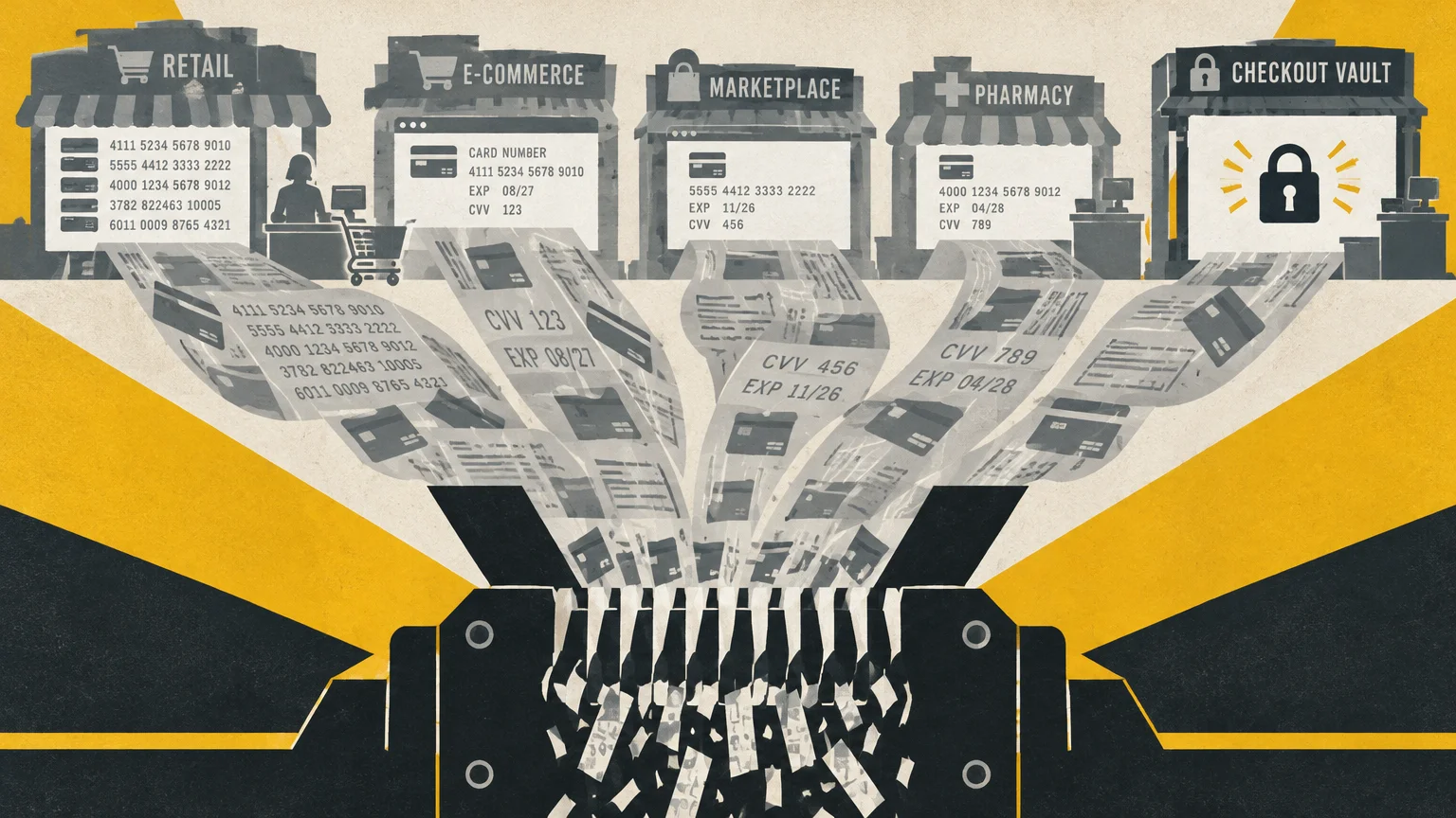 Illustration of online store storefronts feeding paper strips with credit card details down into a paper shredder.