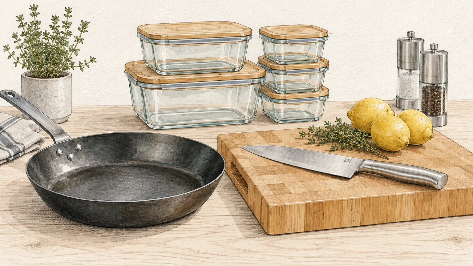 Illustration of a carbon steel skillet, glass containers with bamboo lids, cutting board with chef's knife, and lemons.