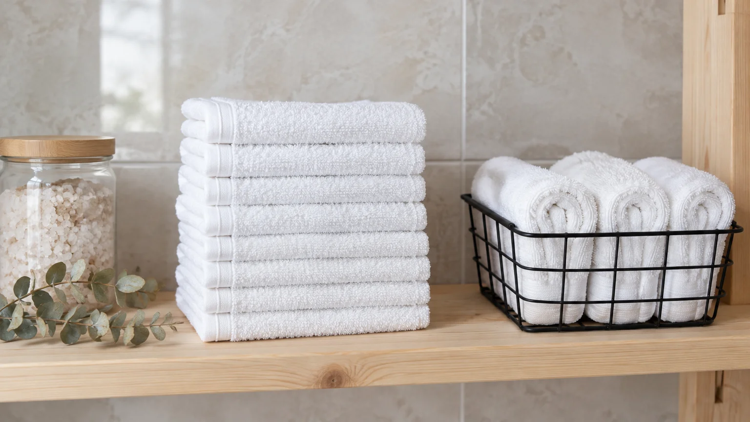 Stack of folded white washcloths next to rolled towels in a wire basket on a wooden bathroom shelf.