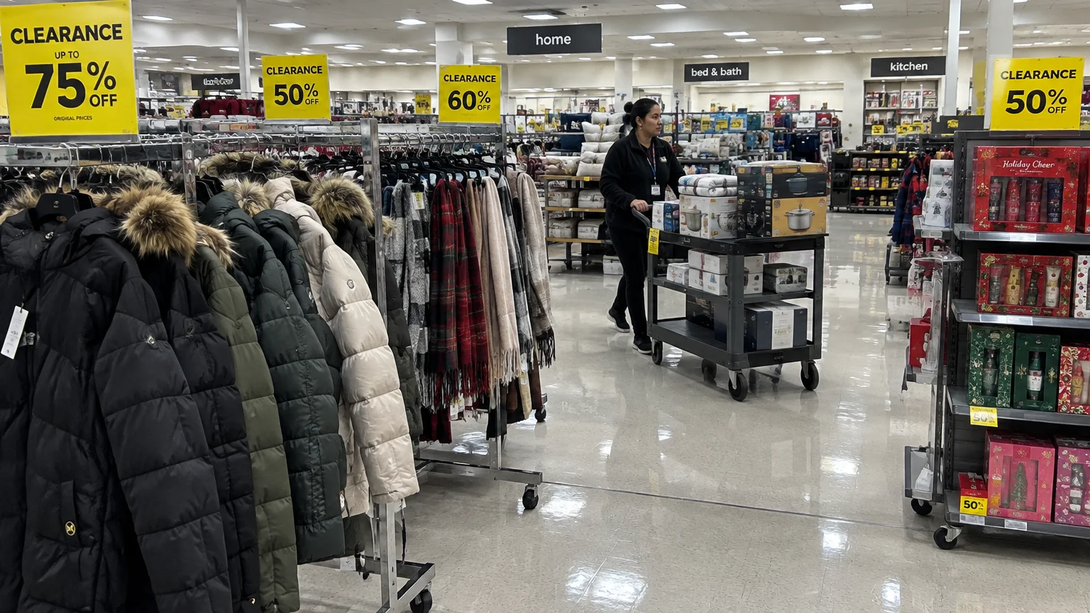 Racks of winter coats and shelves with clearance signs inside a department store as an employee pushes a stock cart.