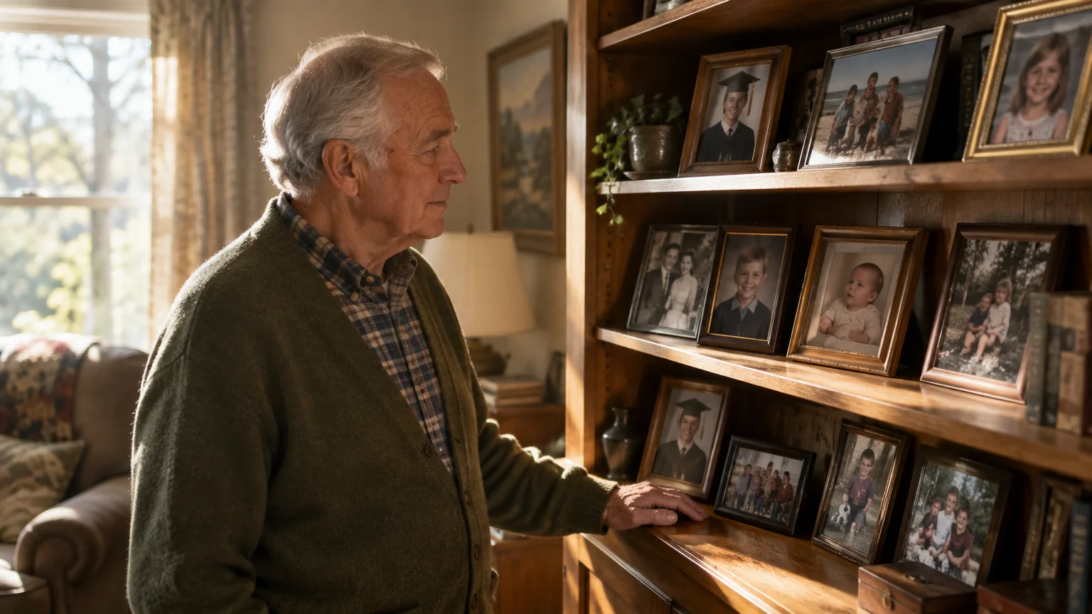 An older man in a green cardigan looks at framed family portraits displayed on wooden bookshelf shelves.