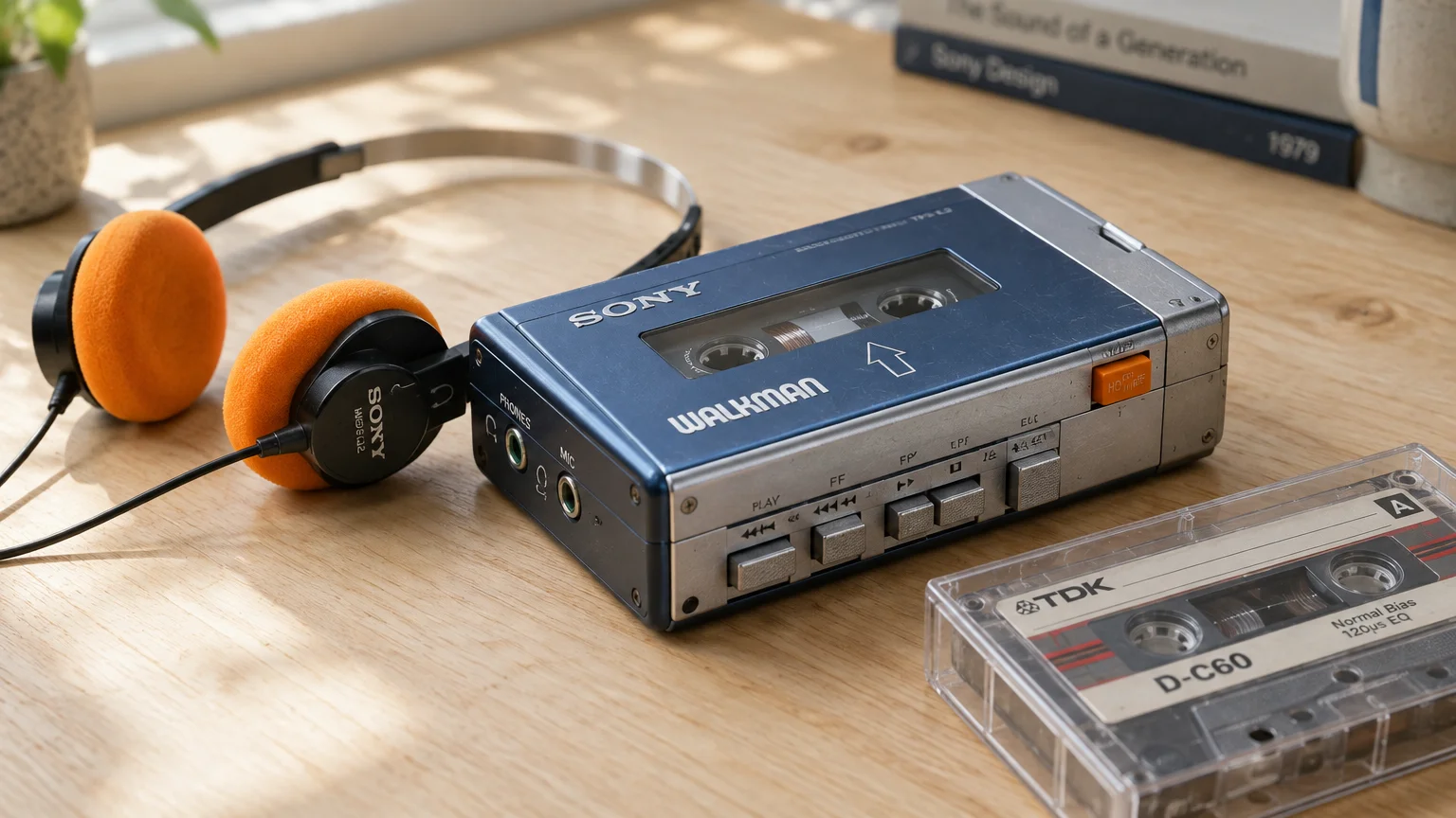 A vintage blue and silver Sony Walkman cassette player rests on a wooden table beside orange-padded headphones and a tape.