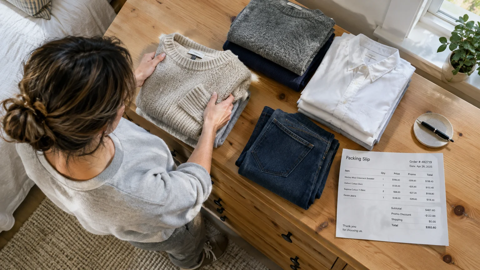 Overhead view of a woman folding a knit sweater over a wooden dresser near neat piles of shirts, jeans, and an invoice.