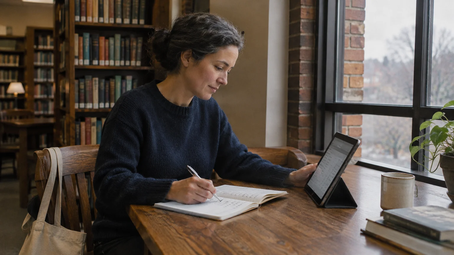 A woman sitting at a wooden table in a library, writing in a notebook while looking at an propped-up tablet.