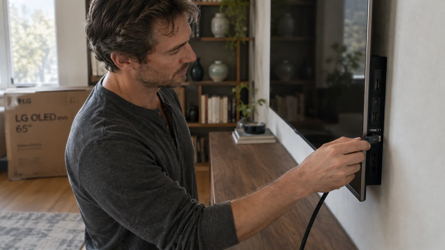 A man plugs an HDMI 2.1 cable into the side port of a wall-mounted flat-screen television.