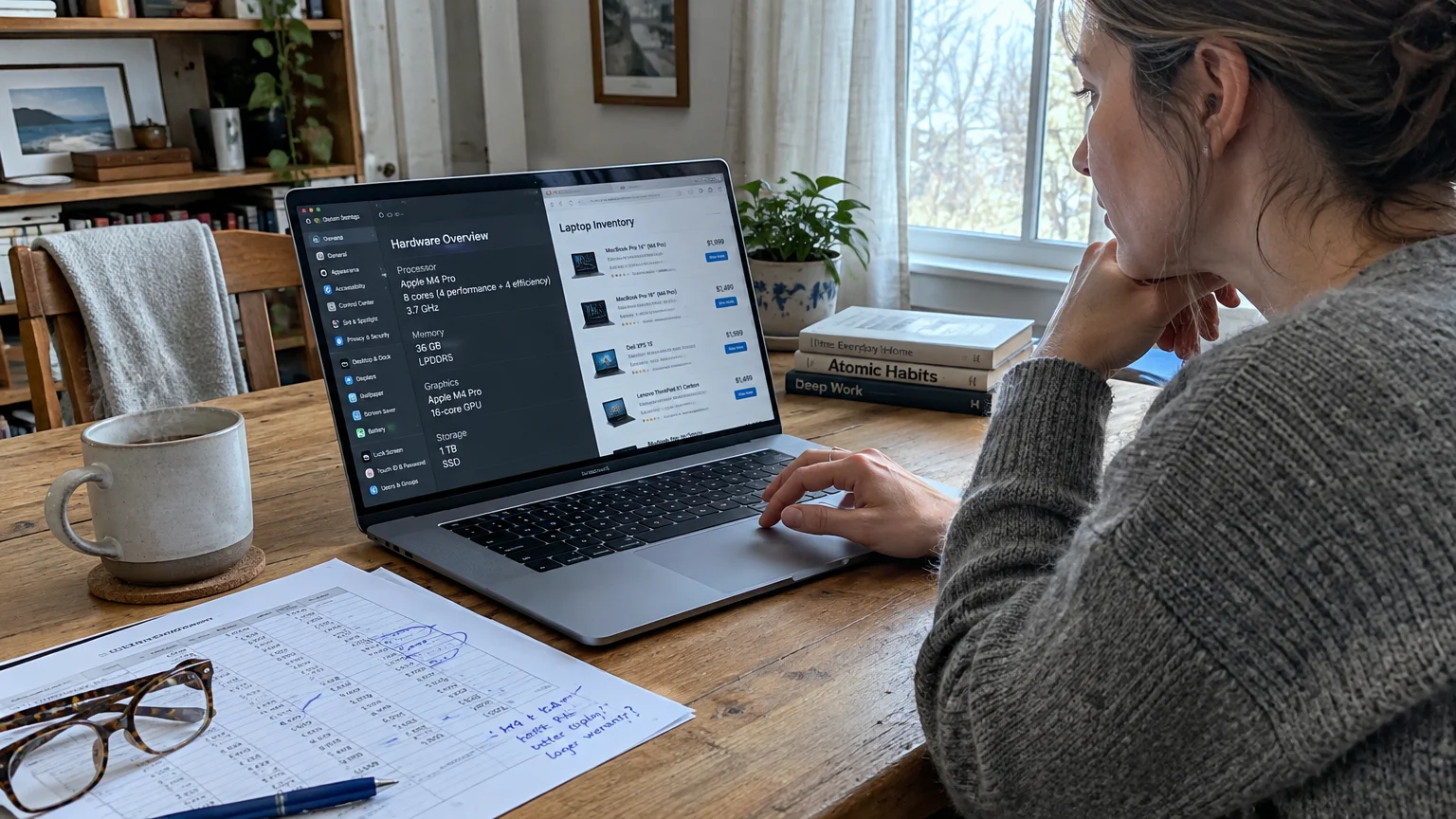 Woman sitting at a wooden desk viewing computer specifications and online retail prices on a laptop.