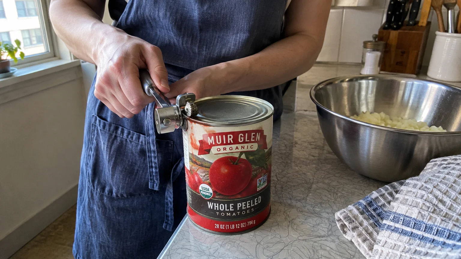 A person wearing a blue apron uses a handheld manual can opener on a large can of whole peeled tomatoes on a kitchen counter.