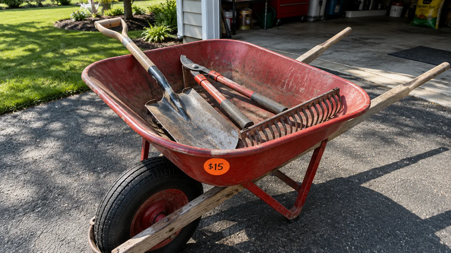 Red wheelbarrow with a fifteen-dollar price tag holding a vintage shovel, loppers, and a garden rake on a driveway.