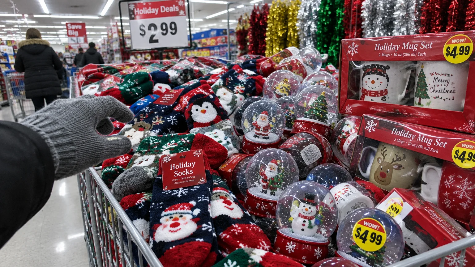 A gloved shopper reaches into a store bin filled with holiday socks, snow globes, and boxed mug sets.