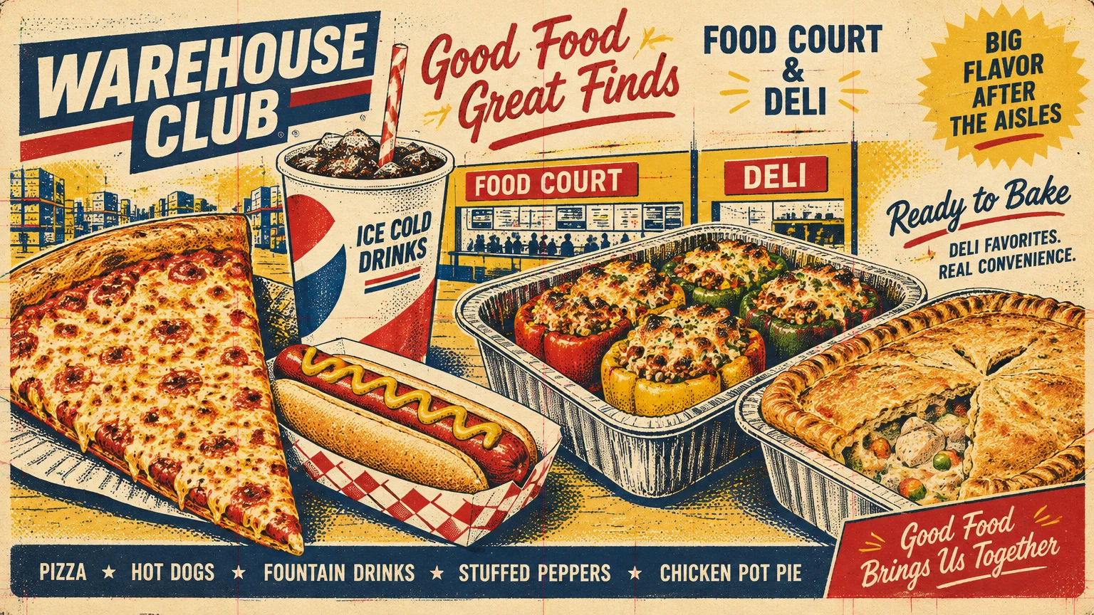Retro illustration of food court pizza, a hot dog, fountain soda, stuffed peppers, and chicken pot pie in foil pans.