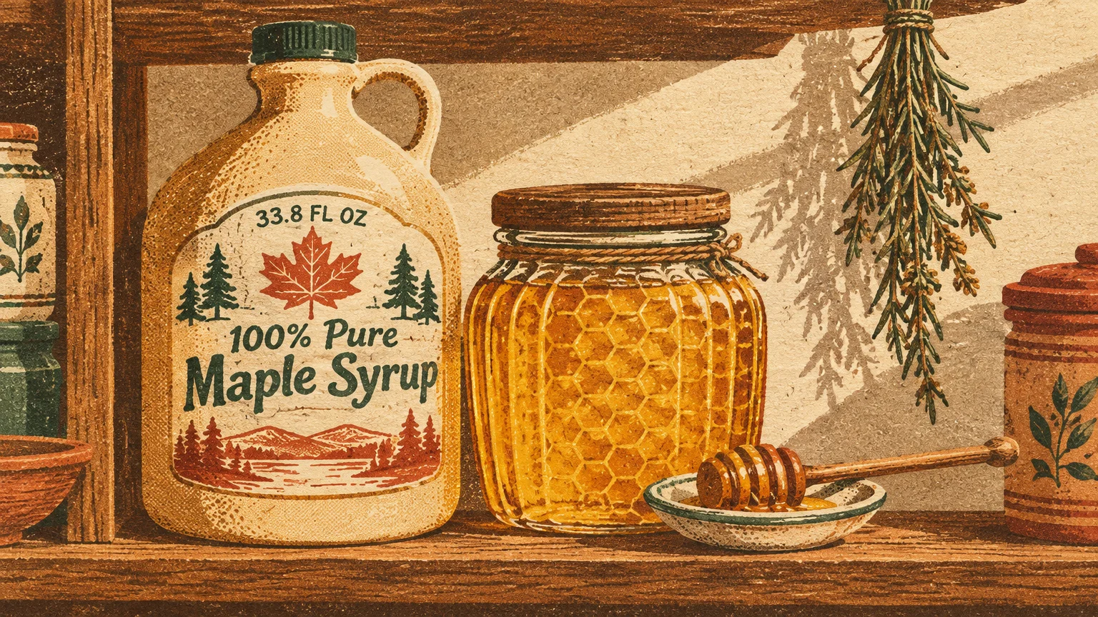 Illustration of a jug of pure maple syrup, a jar of honey with a wooden dipper, and dried herbs on a wooden shelf.