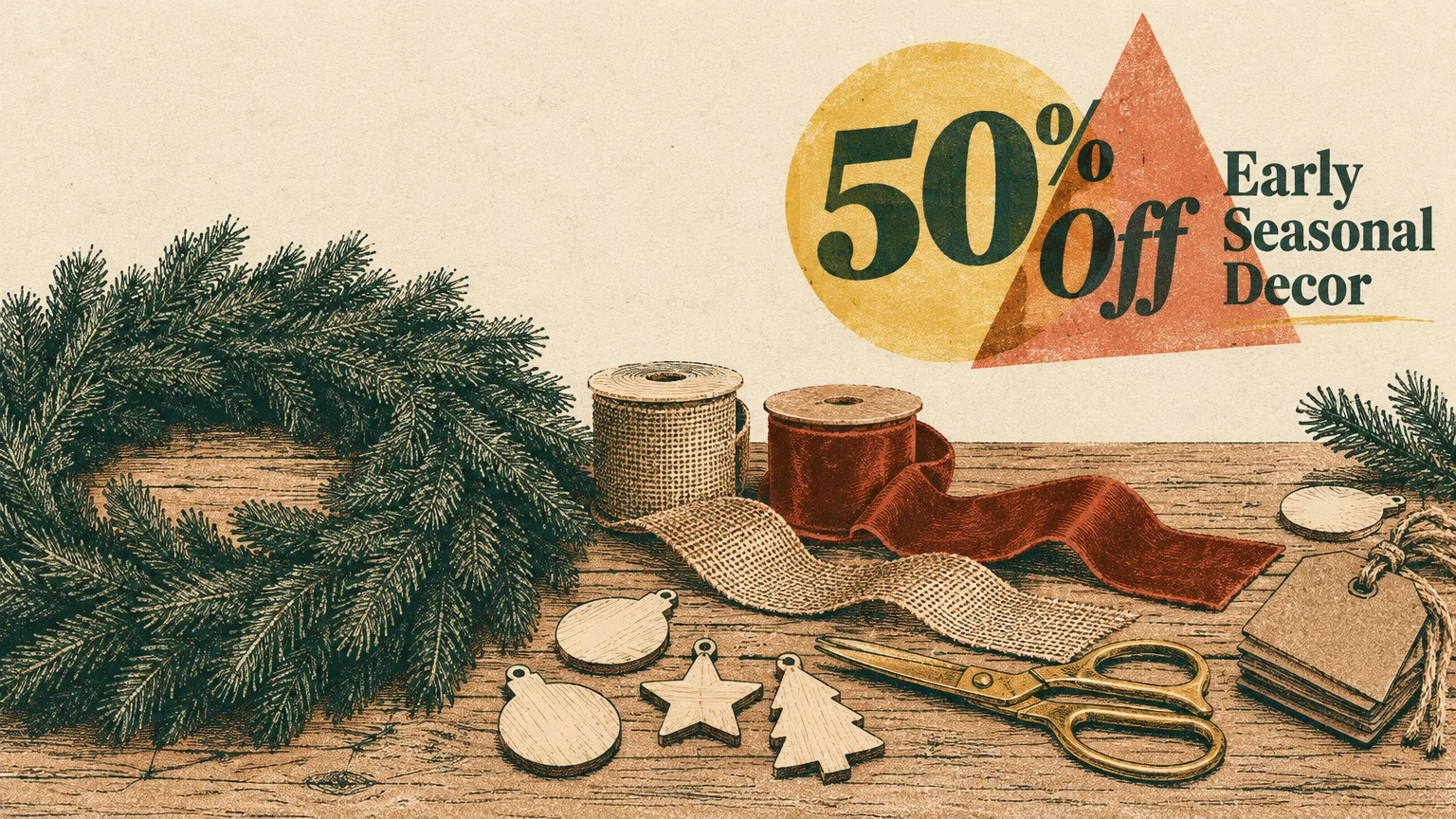 Illustration of a pine wreath, ribbon spools, wooden cutouts, and scissors with text reading 50% off Early Seasonal Decor.