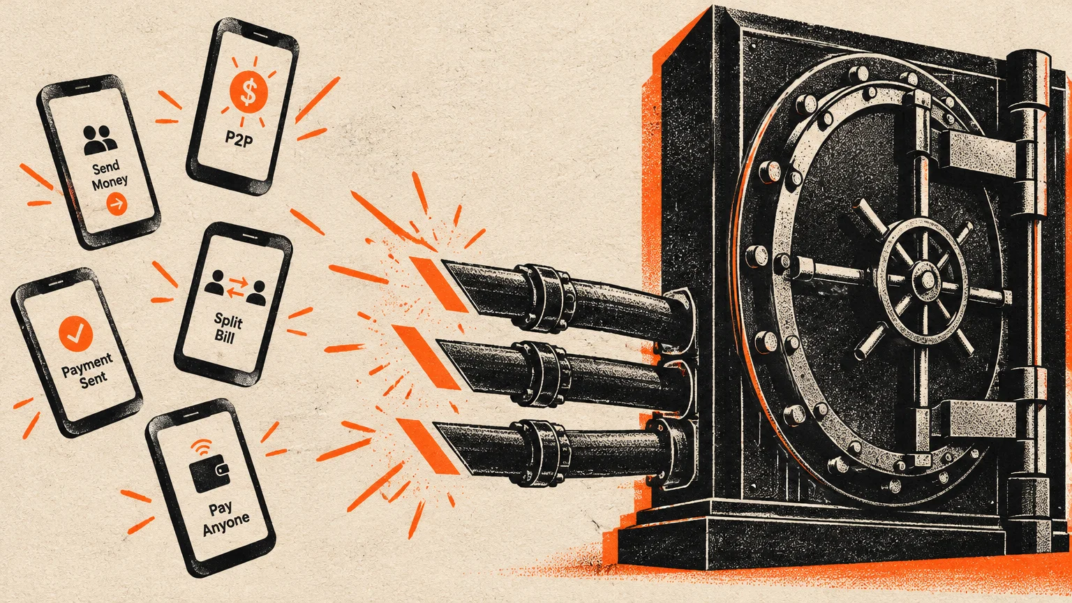 A large bank vault with three severed pipes pointing toward smartphones displaying peer-to-peer payment screens.