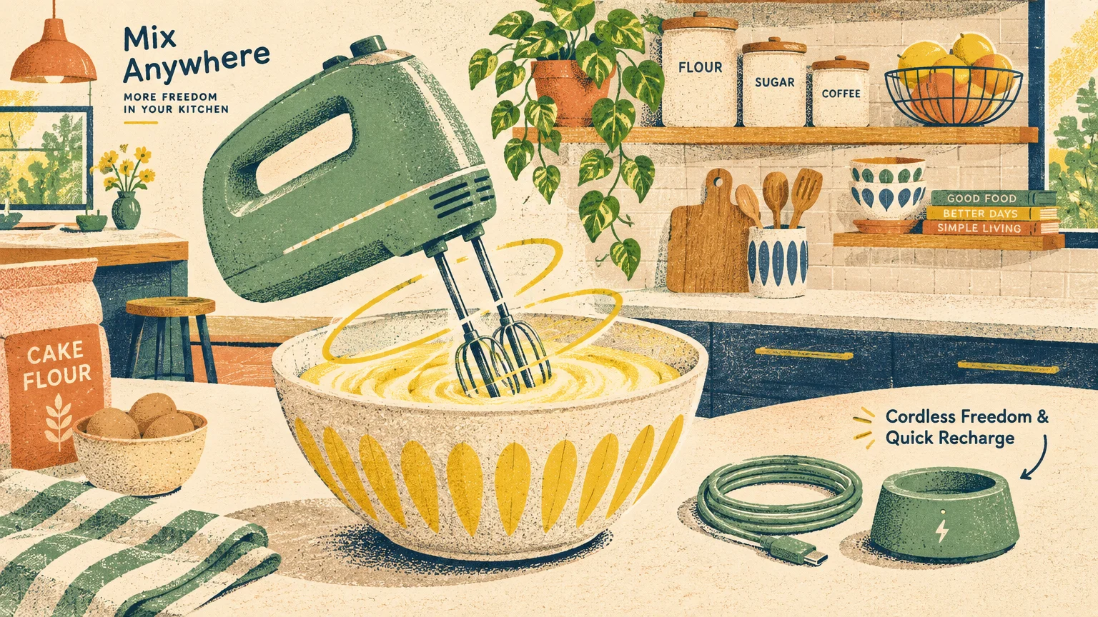 Illustration of a green cordless hand mixer beating batter in a yellow patterned bowl beside a charging base.