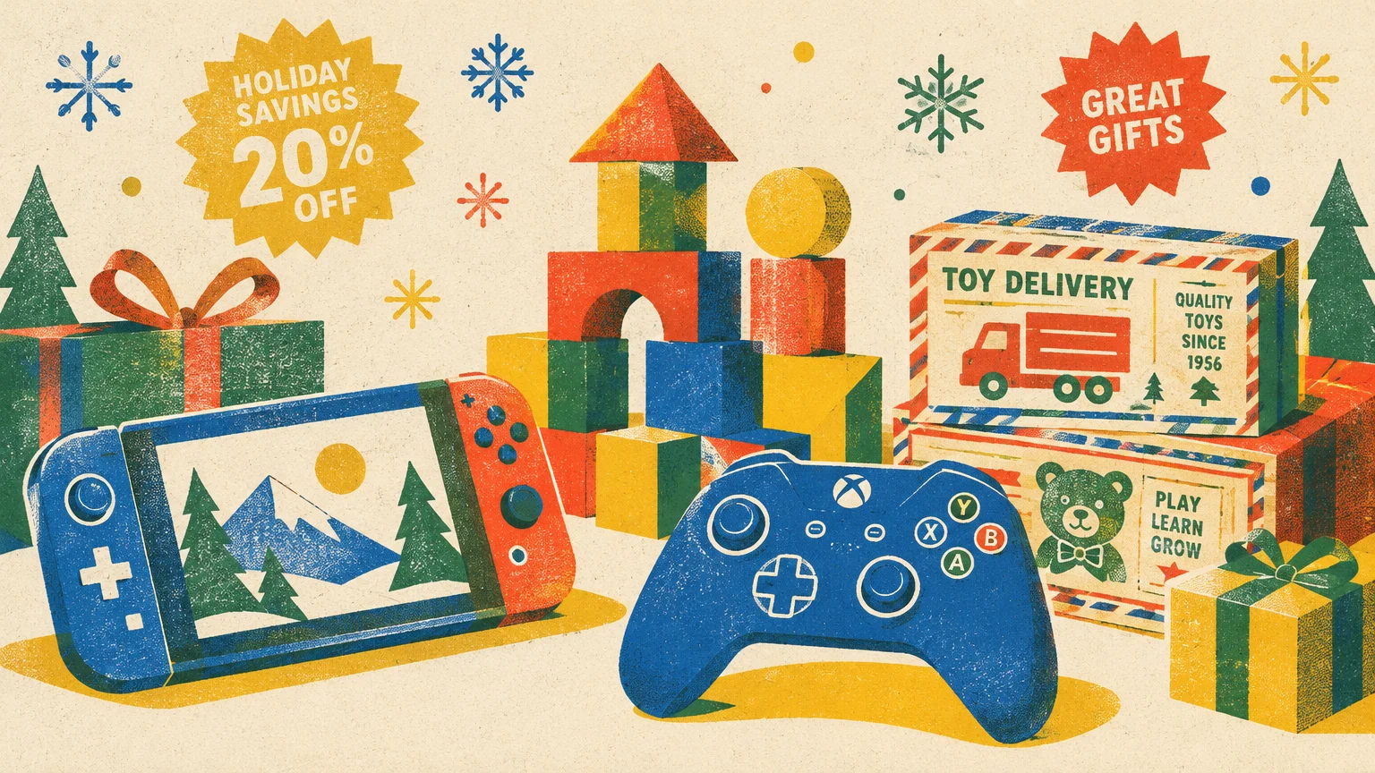 Illustration of a handheld console, game controller, building blocks, and wrapped gift boxes with holiday discount badges.