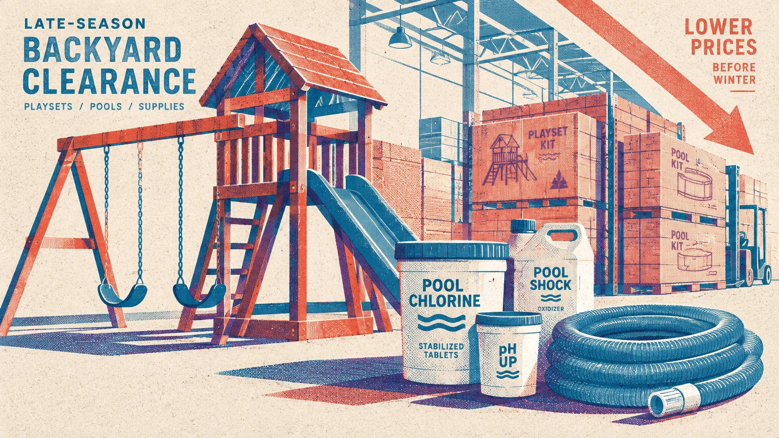 Illustration of a wooden playset, pool chemical tubs, and a blue hose in front of stacked warehouse pallets.
